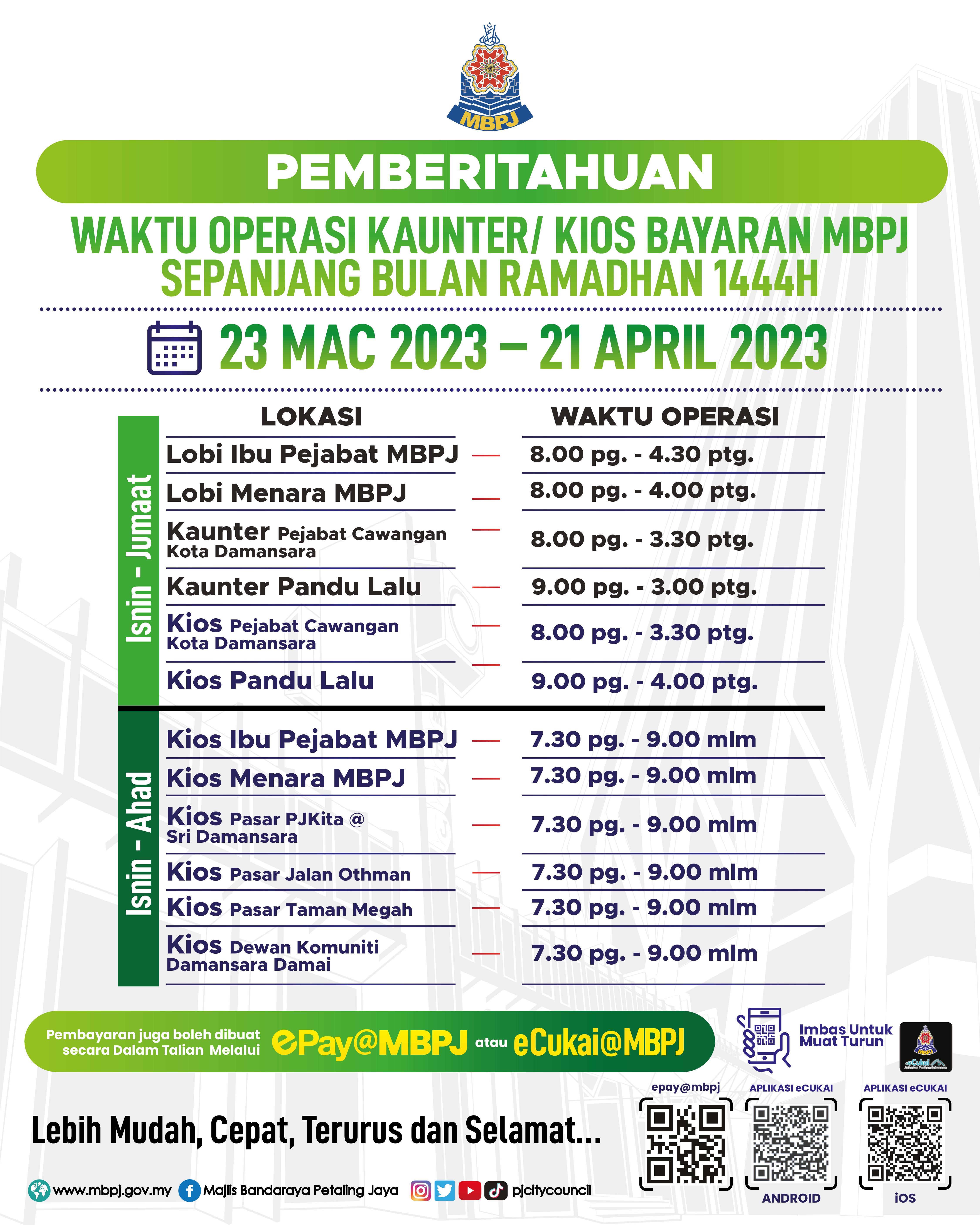 Jadual Kaunter Bulan Ramadan 2023